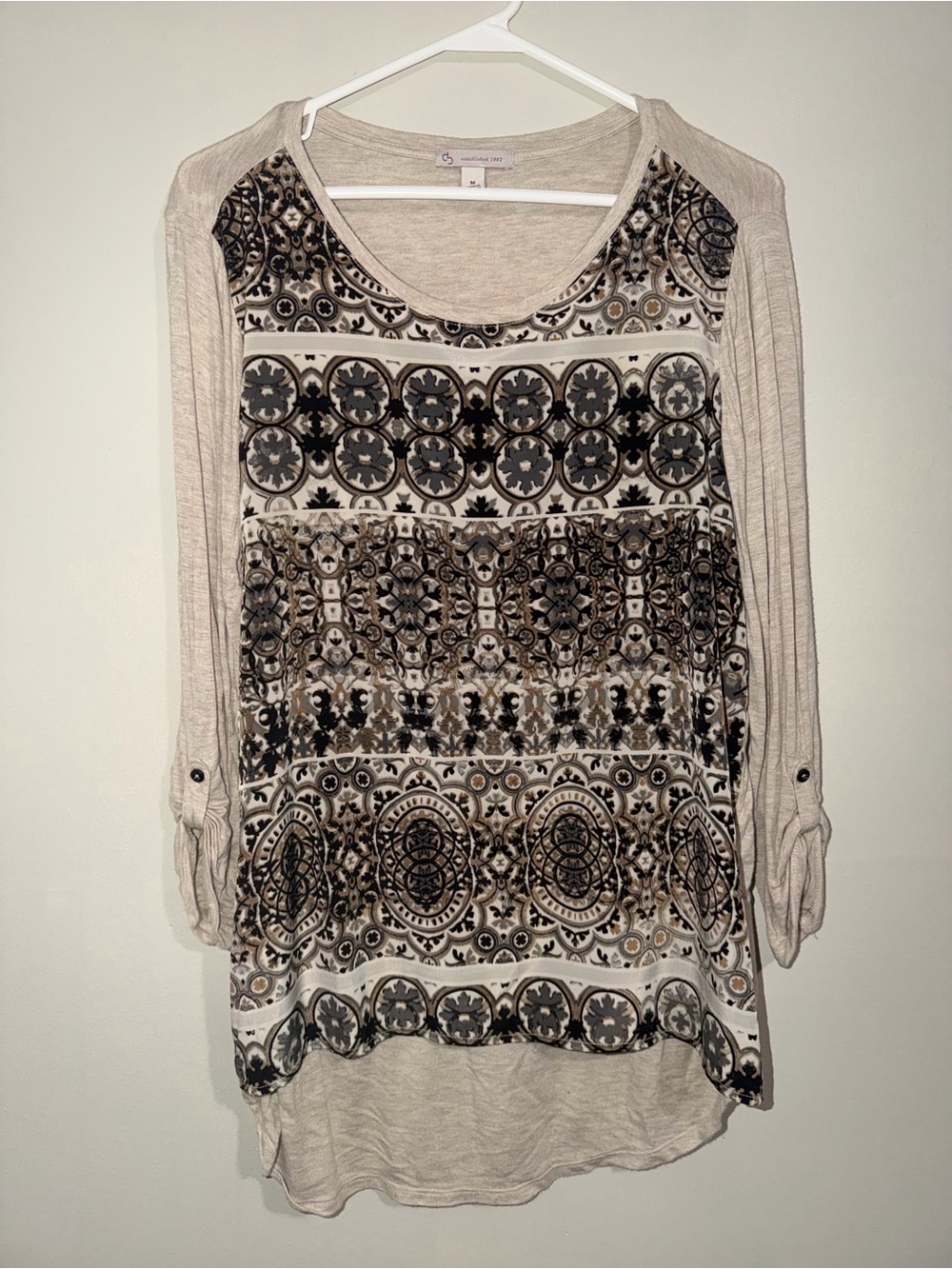 Dressbarn Women’s Medium Beige Black Boho Print Long Sleeve Tunic Top